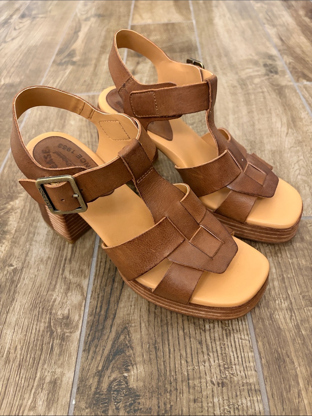 Kork-Ease Brown Leather T-Strap Block Heel Sandals